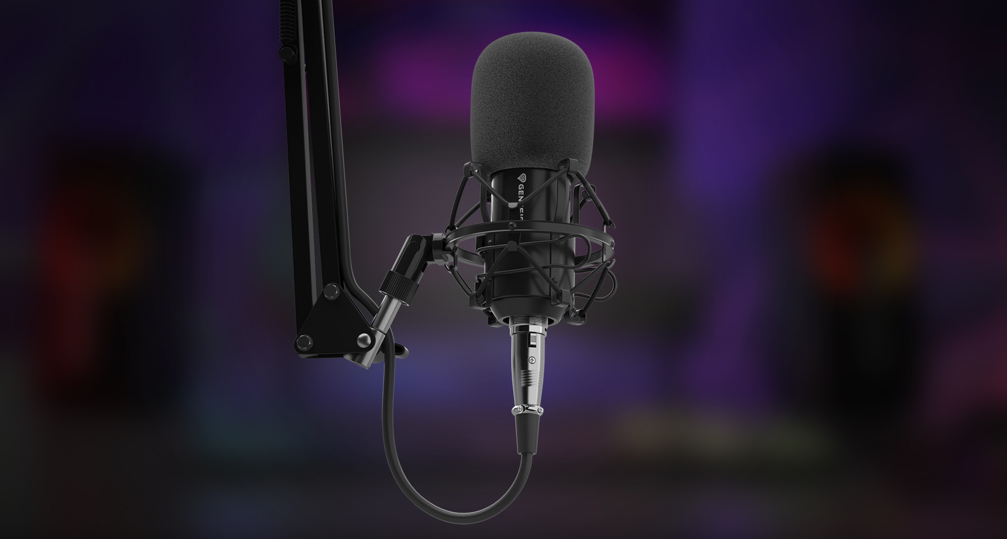 Microfono professionale montato su un braccio regolabile, dotato di filtro anti-pop e connessione XLR per l'uso in studio