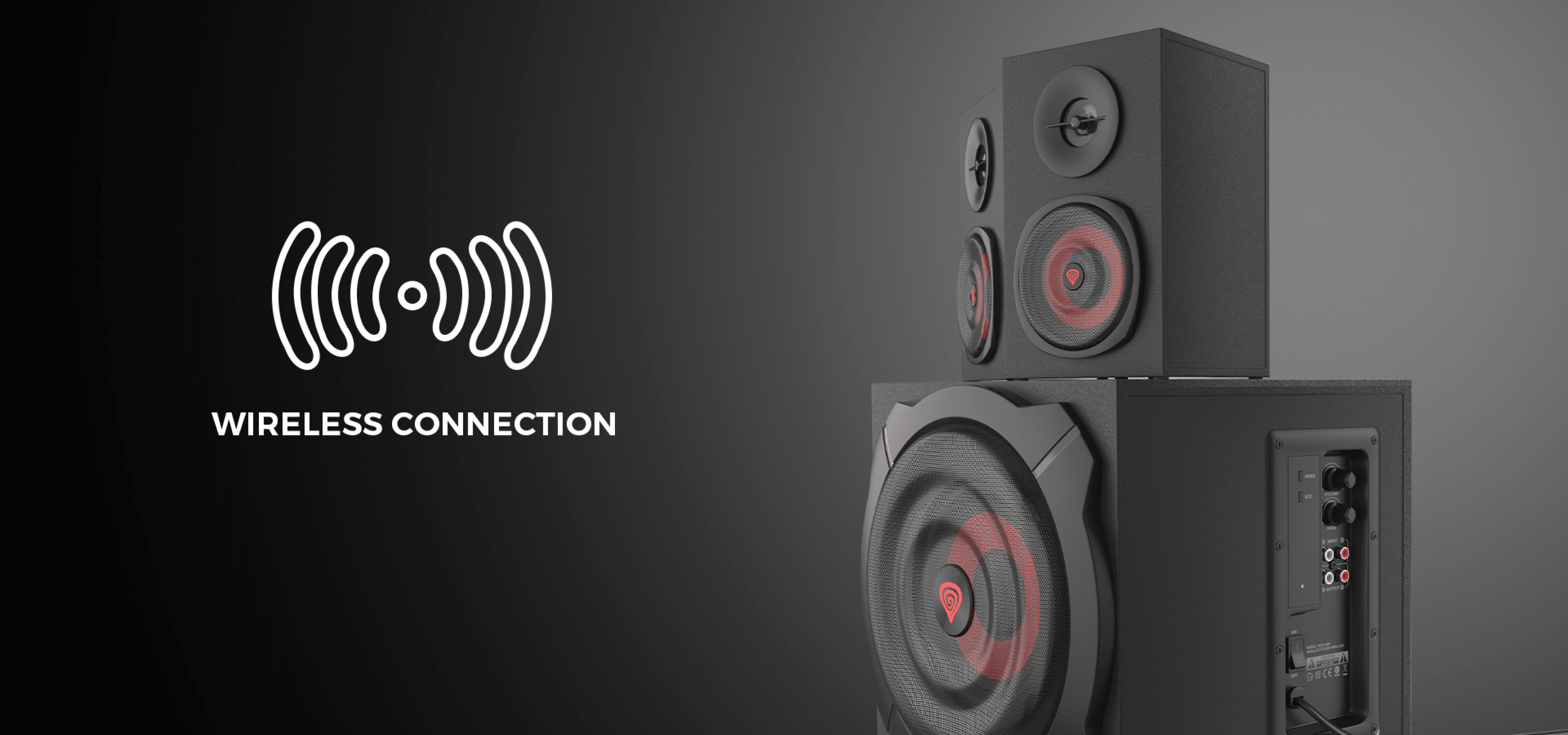 Due altoparlanti Genesis Helium 610BT 2.1 neri con subwoofer, dotati di simbolo di connessione wireless e telecomando su cavo