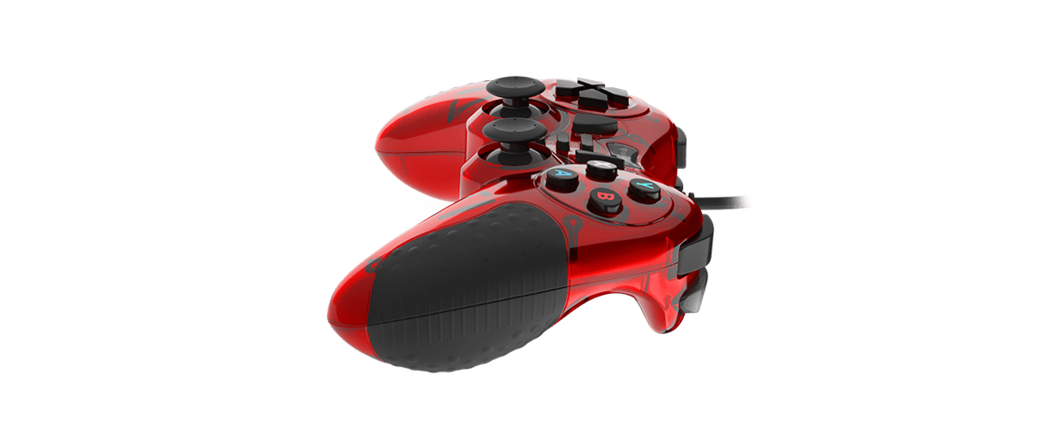 Gamepad rosso a filo per PC con più pulsanti e impugnature ergonomiche, progettato per il comfort e il controllo dei giochi.