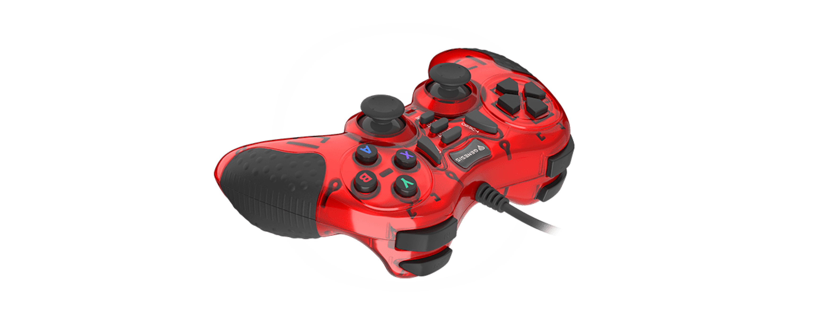 Gamepad rosso cablato per PC con joystick, pulsanti e impugnature ergonomiche