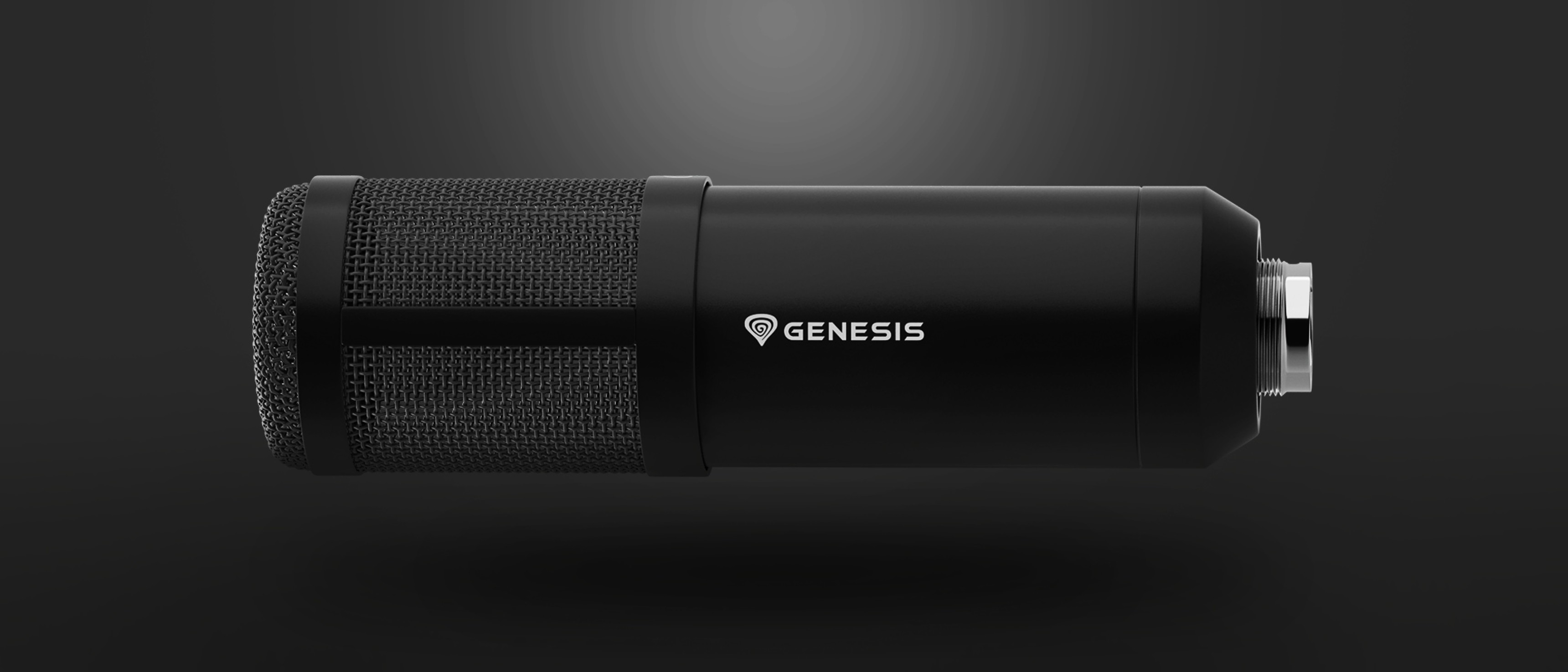 Microfono da studio nero con griglia a rete e logo Genesis, progettato per la registrazione audio professionale