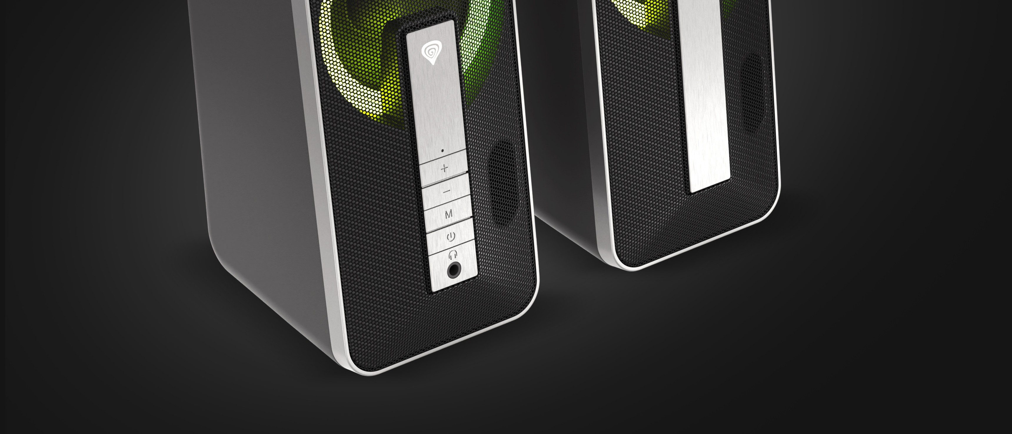 Altoparlanti Bluetooth neri con illuminazione RGB e pulsanti di controllo sulla parte anteriore, che sfoggiano un design moderno