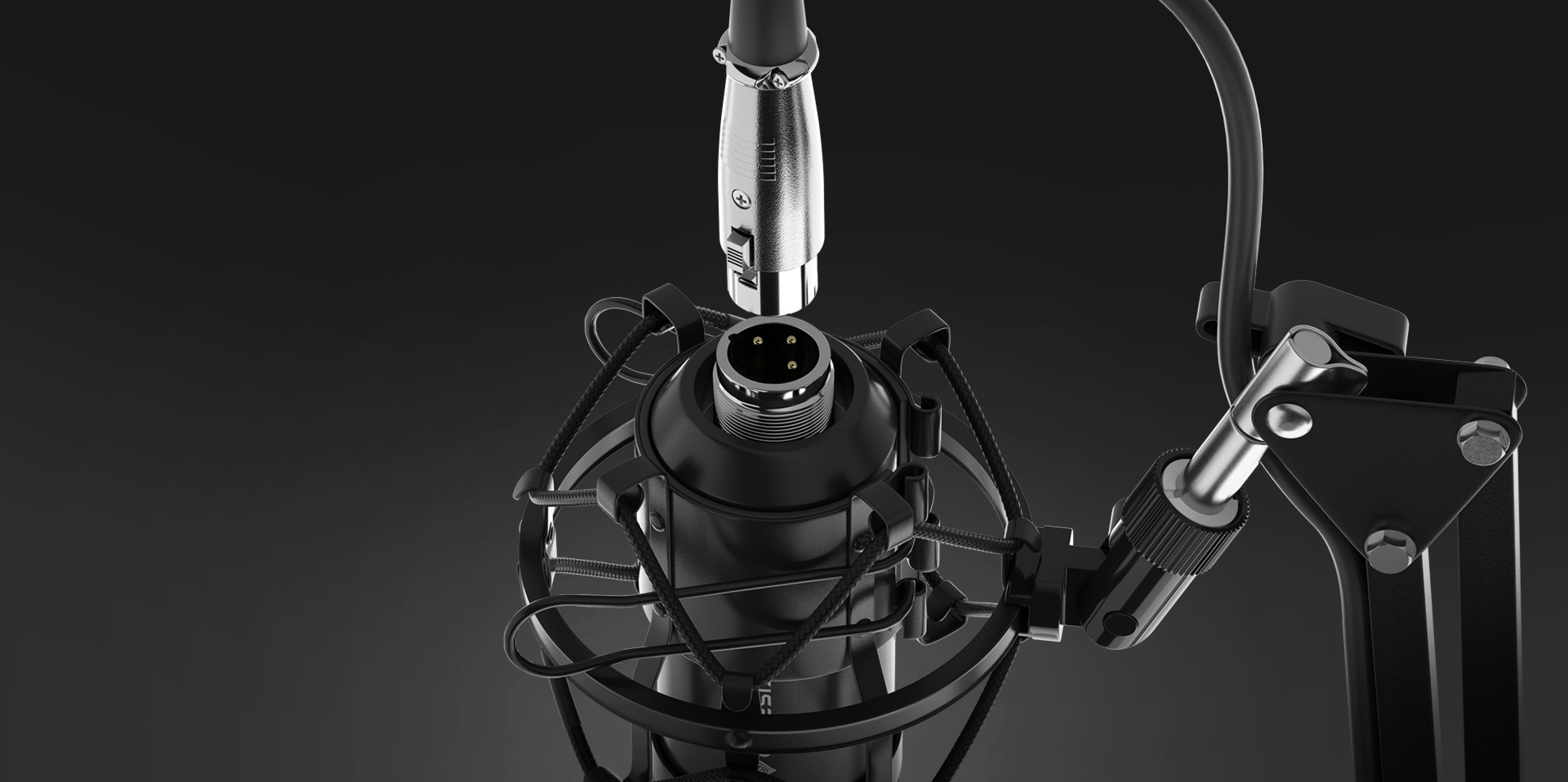 Primo piano del microfono da studio Genesis Radium 300 con connettore XLR e filtro pop, montato su un robusto braccio.