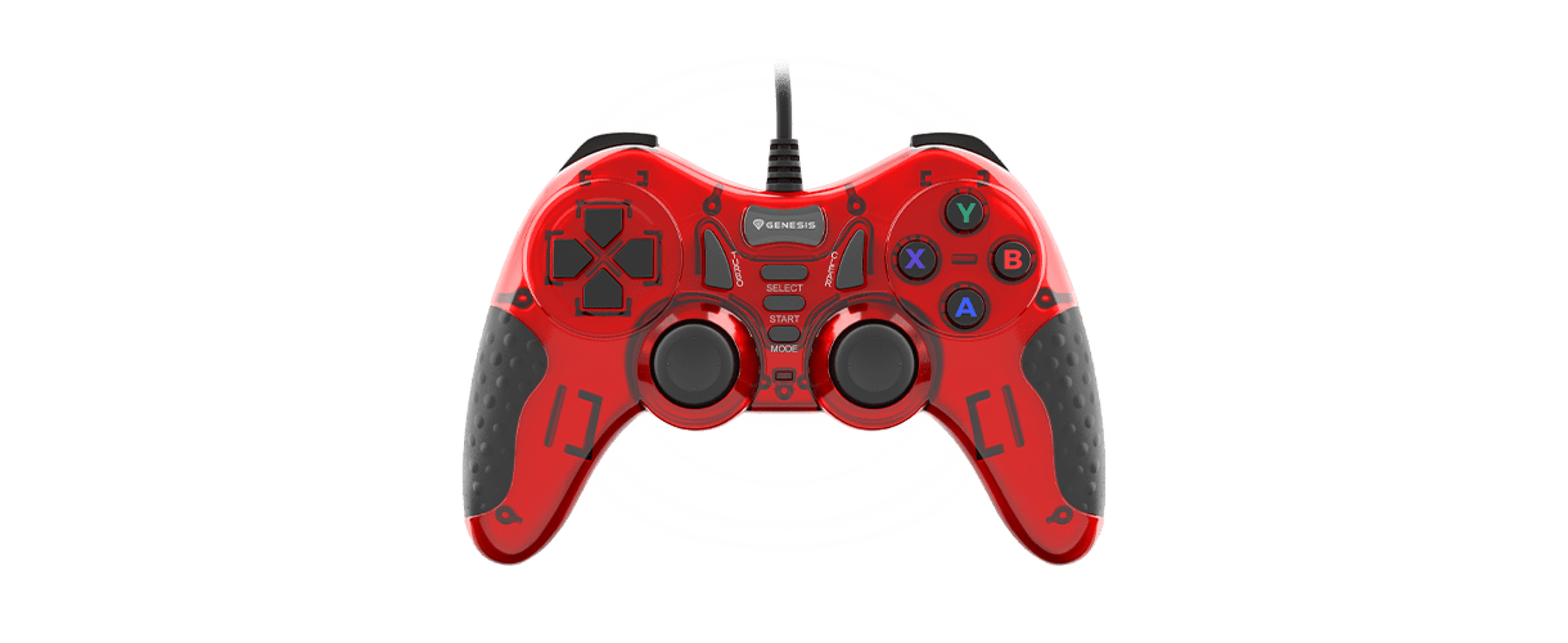 Gamepad Genesis Mangan 200 cablato per PC di colore rosso, con doppio stick analogico e vari pulsanti di controllo.