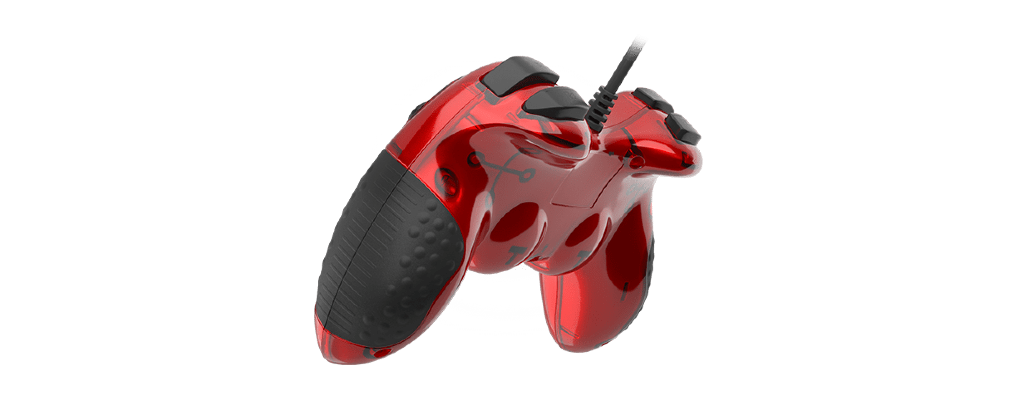Controller di gioco cablato con finitura rossa traslucida, impugnatura testurizzata e pulsanti multipli per il gioco su PC.